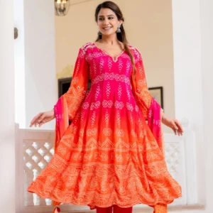 Red Magenta Ombre Crepe Embroidered Suit - set of 3