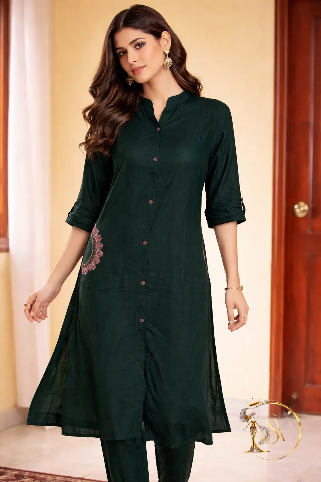 Dark Green Button-Down Kurta Set
