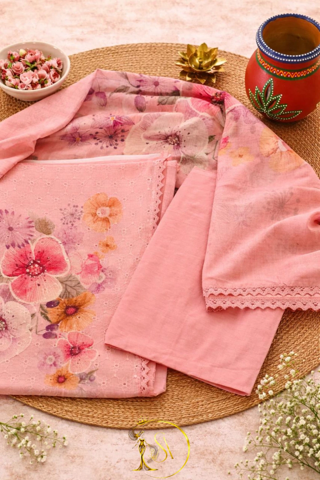 Elegant Pastel Floral Cotton Suit Set