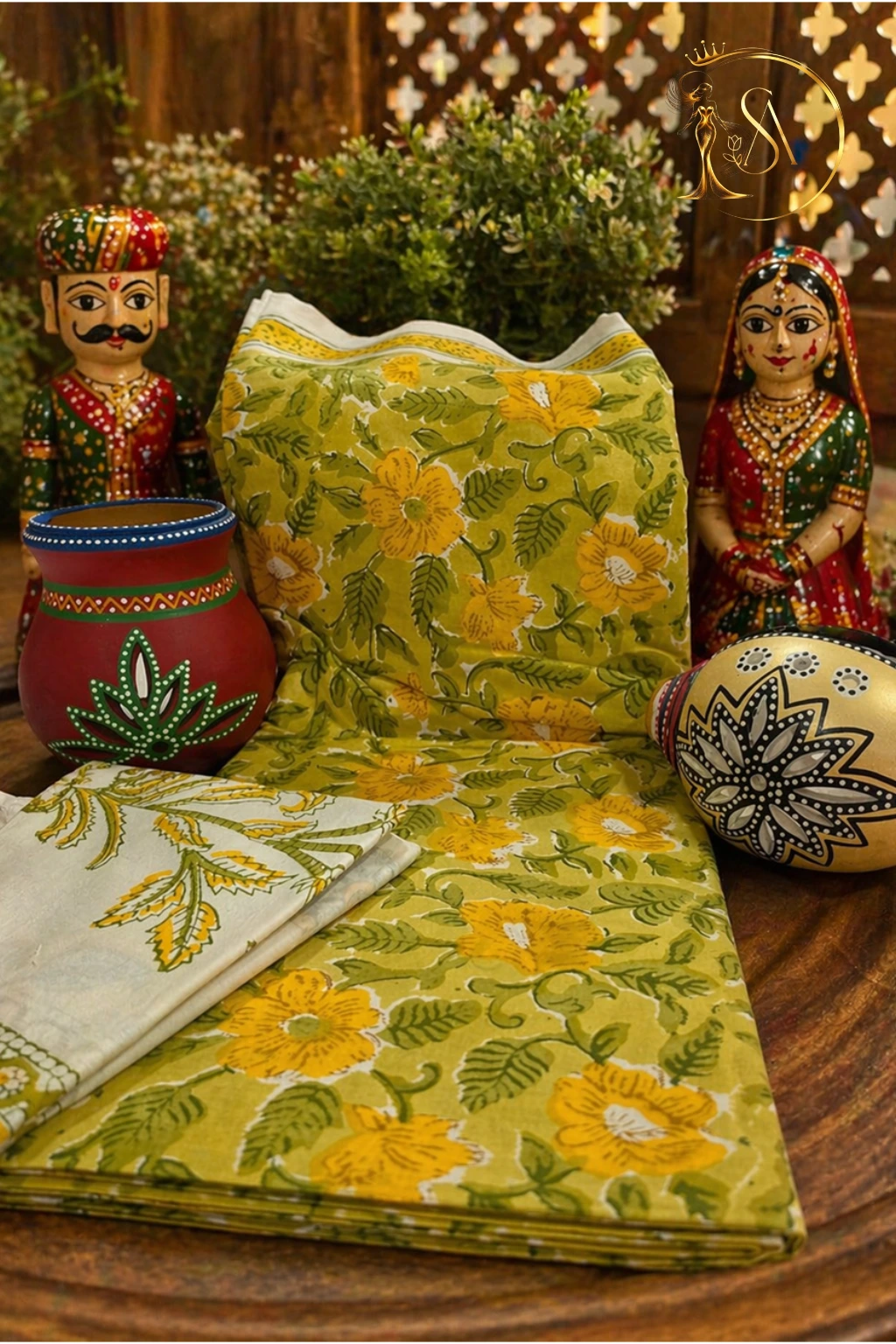 Mustard yellow base with floral block prints mul cotton Unstitched kurta set. - Image 2