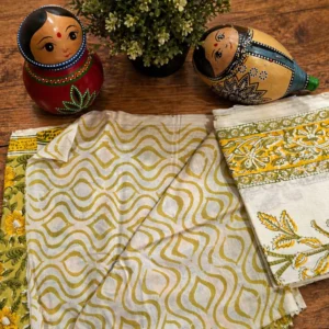 Mustard yellow base with floral block prints mul cotton Unstitched kurta set.