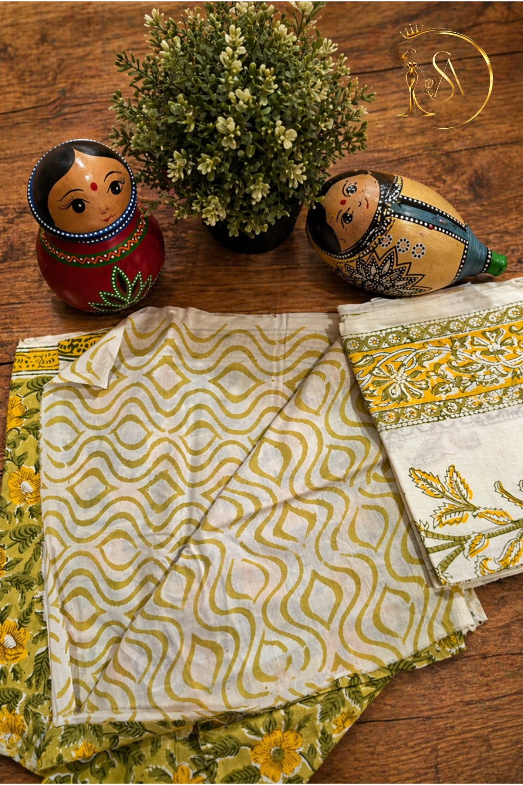 Mustard yellow base with floral block prints mul cotton Unstitched kurta set.