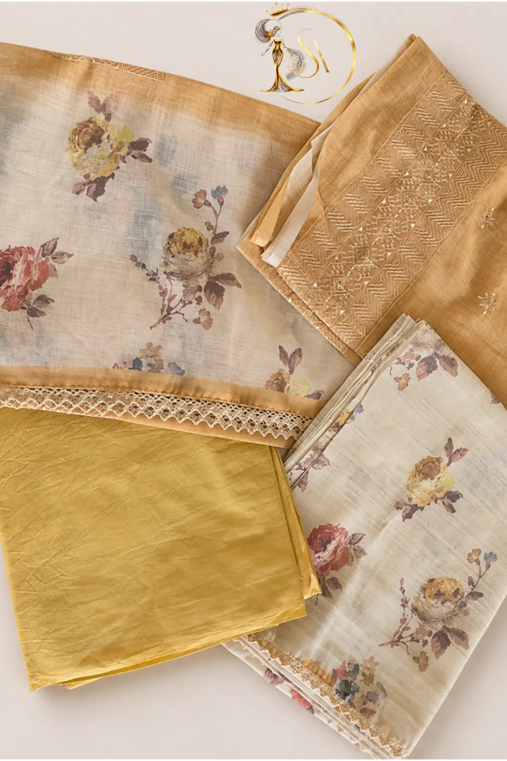 Modal Muslin Cream Cotton Lenin Digital embroidery lace unstitched dress material set.