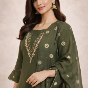 Olive Green Embroidered Kurta Set with Dupatta