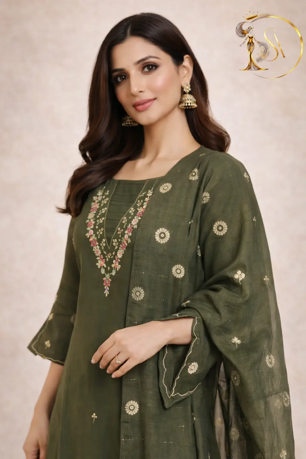 Olive Green Embroidered Kurta Set with Dupatta