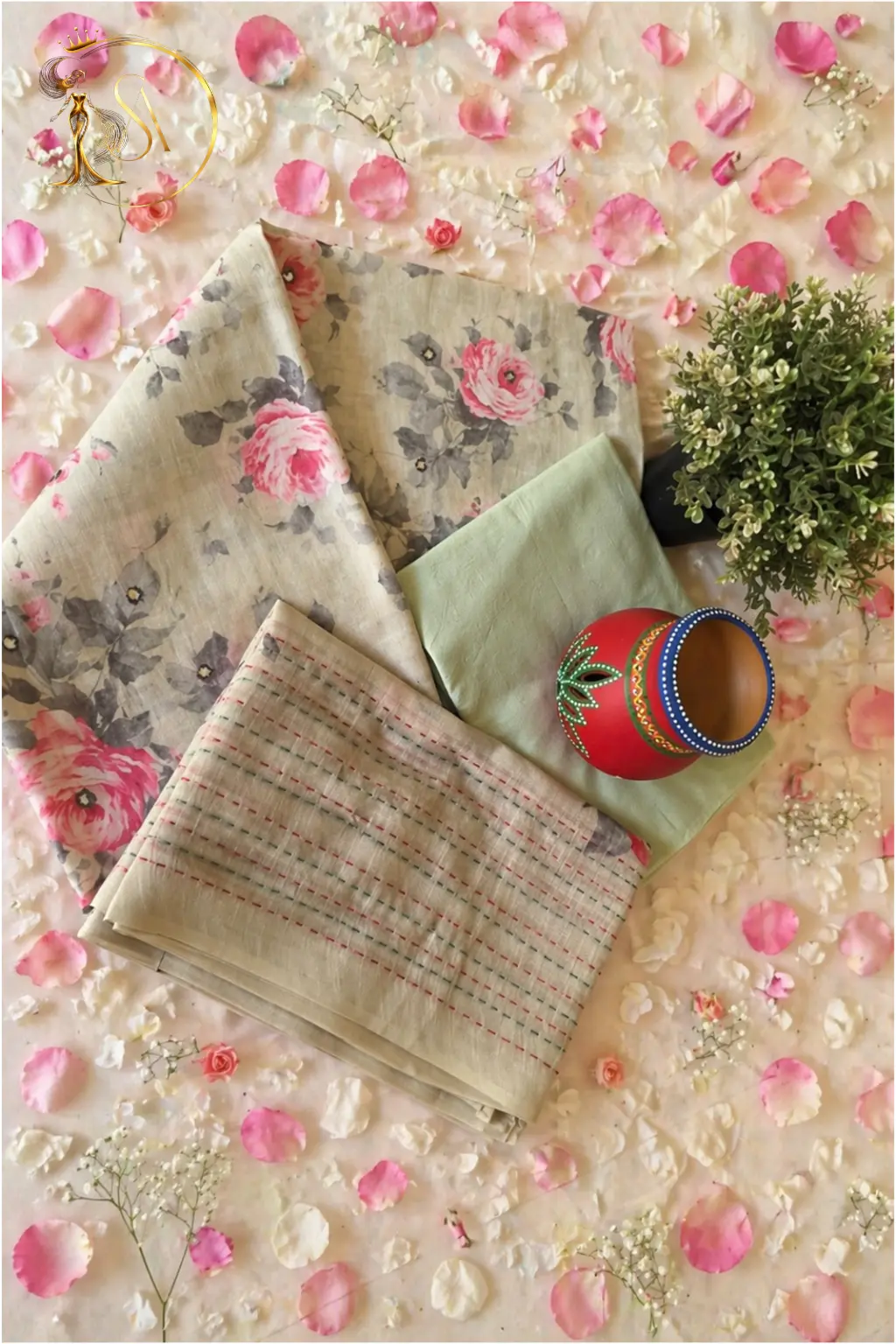 Pista Soft Premium cotton Lenin Khata Unstitched dress material set.