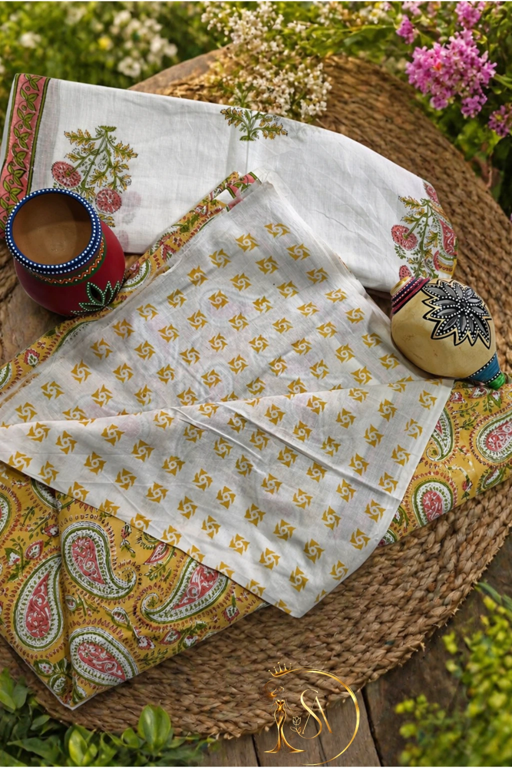 Premium Mul cotton Mustard yellow Unstitched Dress Material set. - Image 2