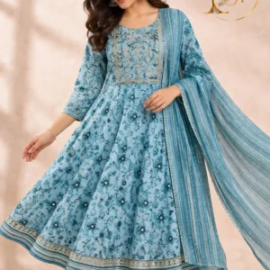 Sky Blue Floral Anarkali Kurta Set with Dupatta