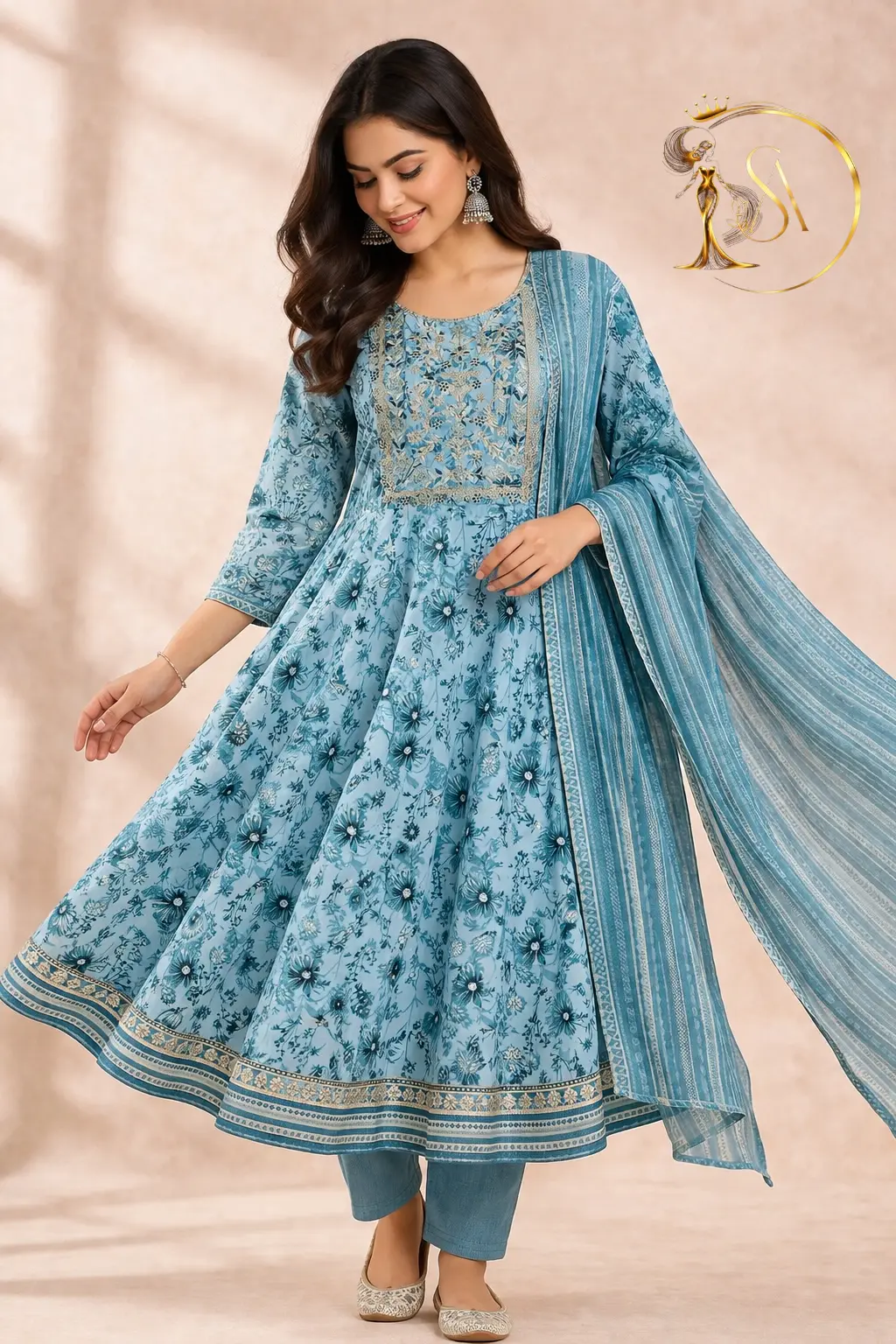 Sky Blue Floral Anarkali Kurta Set with Dupatta