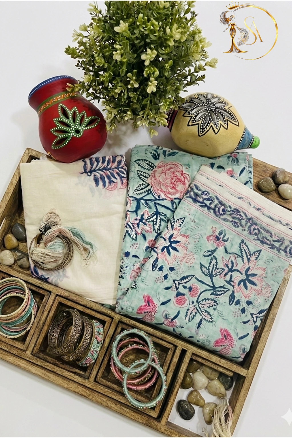 Teal blue Mull Cotton Hand Block Printed Unstitched Suit Set. - Image 2