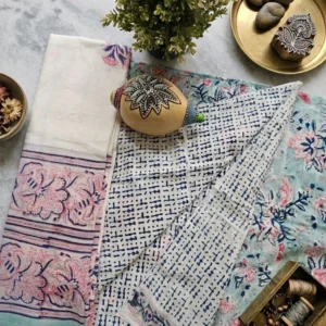 Teal blue Mull Cotton Hand Block Printed Unstitched Suit Set.