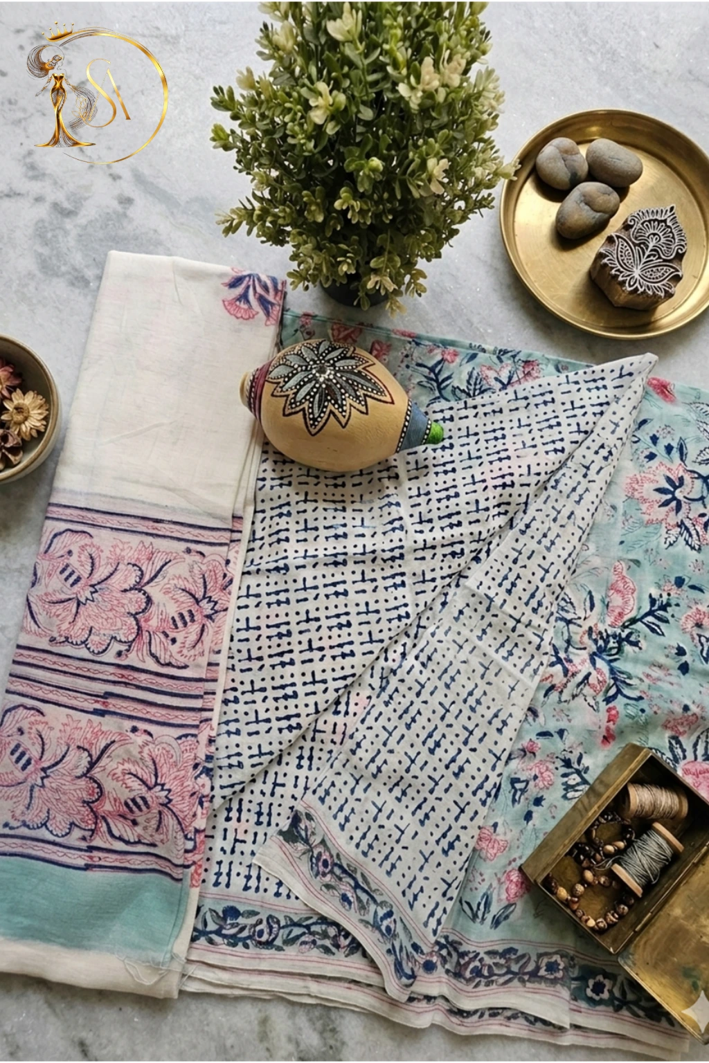 Teal blue Mull Cotton Hand Block Printed Unstitched Suit Set.