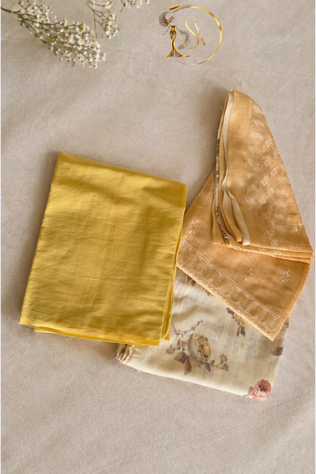 Modal Muslin Cream Cotton Lenin Digital embroidery lace unstitched dress material set. - Image 2