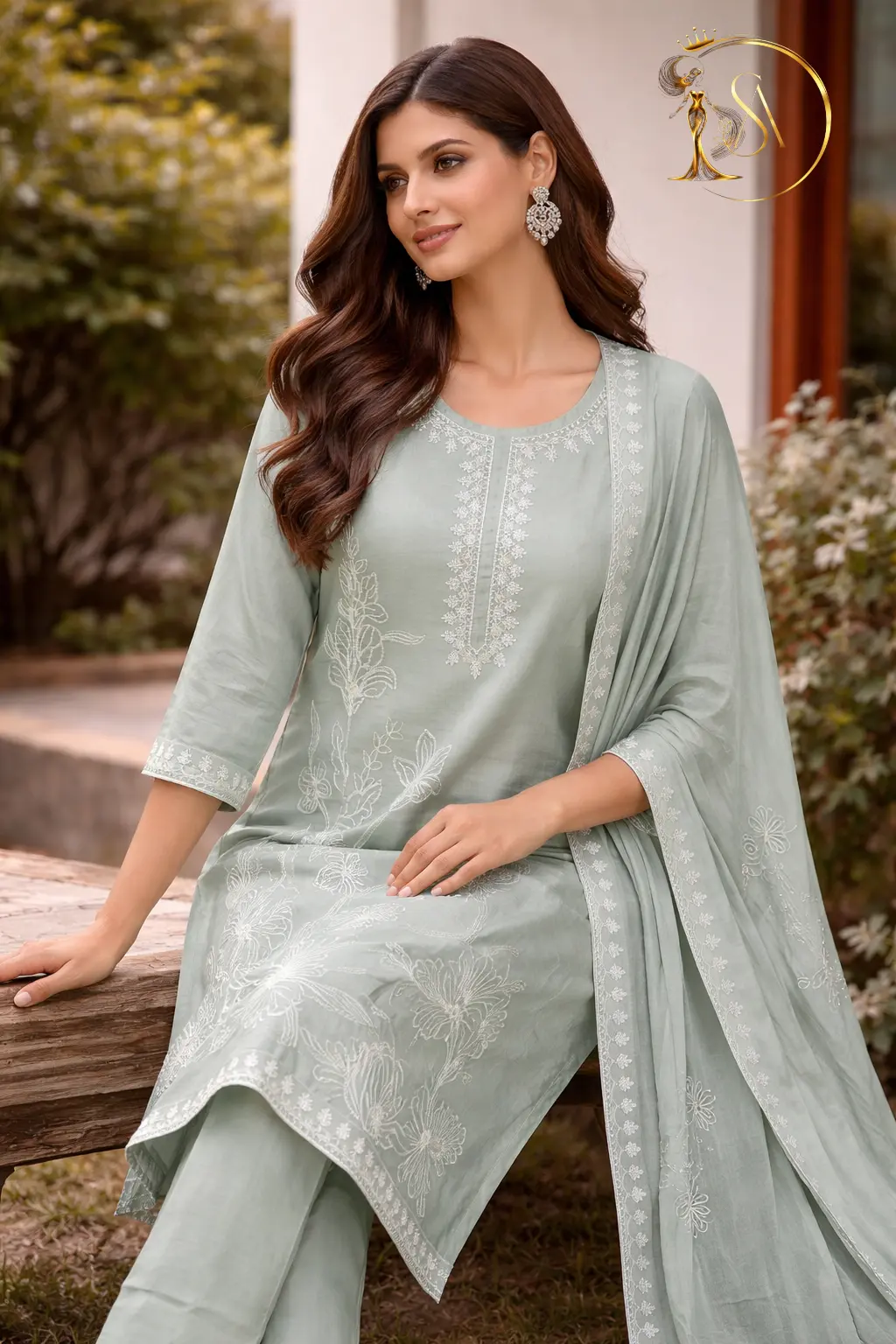 Mint Green Embroidered Kurta Set - Image 2